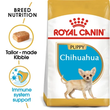 Royal Canin Chihuahua Puppy food bag featuring a small Chihuahua puppy illustration, highlighting breed nutrition and immune system support.