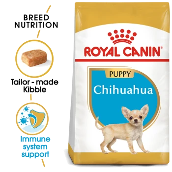 Royal Canin Chihuahua Puppy food bag featuring a small Chihuahua puppy illustration, highlighting breed nutrition and immune system support.