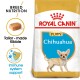 Royal Canin Chihuahua Puppy food bag featuring a small Chihuahua puppy illustration, highlighting breed nutrition and immune system support.