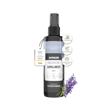 Schwarze Sprühflasche Alphazoo Lavellness Lavendel-Haustierspray mit Lavendelblüten und deutschen Textetiketten.