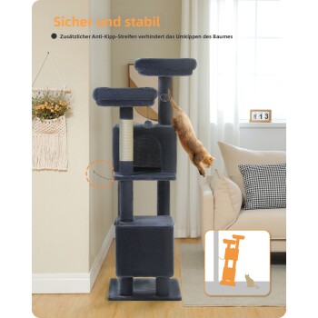 Katzenbaum mit vier Katzen und dem Text „Ideal für mittelgroße Katzen, geeignet für 2-3 kleine und mittelgroße Katzen, maximale Belastung: 45 lb“