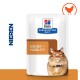 Hill's Prescription Diet kattenvoer zakje met een fluffy oranje kat, gelabeld 'KIDNEY + MOBILITY' en een kip-icoon.