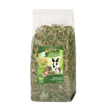 Durchsichtiger Plastikbeutel mit getrockneten grünen Löwenzahnblättern, beschriftet mit "Multifit Nature Snacks Grain Free", mit einem Kaninchen und Meerschweinchen, 300g.