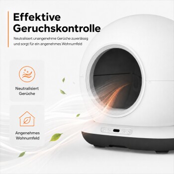 Weiße automatische Katzentoilette mit Luftstrom und Blättern; deutscher Text „Effektive Geruchskontrolle“