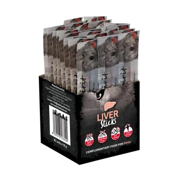 Schwarze Display-Box mit 'LIVER Sticks' Hundesnacks mit mehreren einzeln verpackten Sticks.