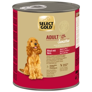 Select Gold Adult Sensitive Hundefutterdose mit Rind und Reis, mit Bild eines Golden Retrievers und glutenfreier Rezeptur.