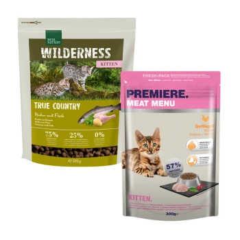 WILDERNESS & PREMIERE Kitten Probierpaket Zwei Kittenfutterpakete: "Wilderness True Country" (75% Fleisch) und "Premiere Meat Menu" (57% Geflügel).