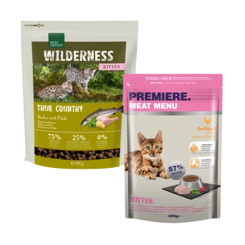 Zwei Kittenfutterpakete: "Wilderness True Country" (75% Fleisch) und "Premiere Meat Menu" (57% Geflügel).