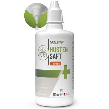Flasche REAVET HUSTEN SAFT, ein Hustensaft für Haustiere, mit Tropferoberteil; 110ml, hergestellt in Deutschland.