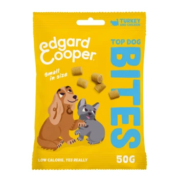Verpackung von Edgard Cooper Top Dog Bites Haustierleckerlis, mit einem verspielten Hund und einer Katze, mit Text, der 'klein in der Größe' und 'kalorienarm' hervorhebt.
