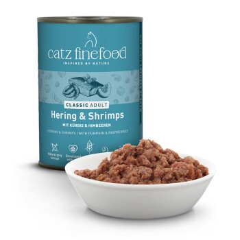 Puszka karmy dla kotów Catz Finefood Classic Adult z śledziem i krewetkami, z miską mokrej karmy, zawiera dynię i maliny.