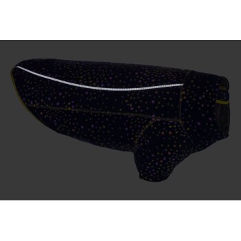 Ein gemütlicher Hundepullover mit schwarzem Hintergrund und bunten Sprenkeln in Lila, Gelb und Pink sowie einem reflektierenden Reißverschluss.