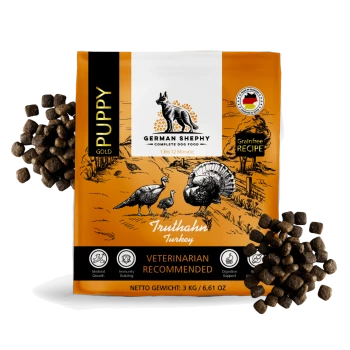 Hundefutterbeutel mit der Aufschrift "German Shephy" und Truthahngeschmack, mit Illustrationen von Truthähnen und einem Hund, gekennzeichnet mit "Vom Tierarzt empfohlen."