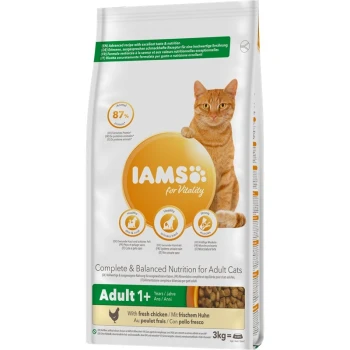 IAMS für Vitalität Katzenfuttertüte mit einer orangefarbenen getigerten Katze, die 'Vollständige & Ausgewogene Ernährung für erwachsene Katzen' und '87% tierisches Protein' hervorhebt.