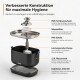 Explosionsdarstellung eines Trinkbrunnens aus Edelstahl mit deutscher Überschrift „Verbesserte Konstruktion für maximale Hygiene“ und Beschriftung „2,5L Wassertank“