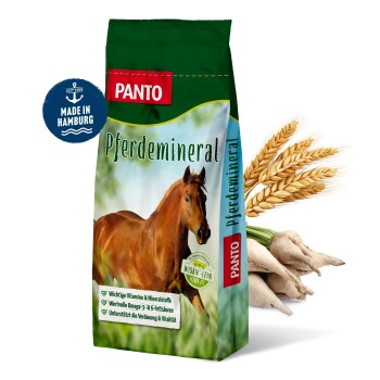 PANTO Pferdefutterbeutel mit einem braunen Pferd, mit Text, der Vitamine, Mineralien und Omega-3 & 6 Fettsäuren hervorhebt.