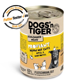 Dosenfutter für Hunde mit der Aufschrift 'Dogs'n'Tiger', das ein gelbes Design zeigt und 'Proviant Huhn mit Ente, Apfel & Kartoffel' angibt, mit 63 % Huhn und Ente.