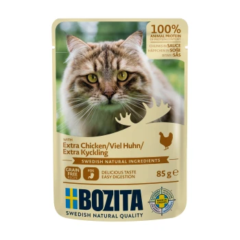 Katze Futterbeutel mit einer Nahaufnahme des Gesichts einer Katze, beschriftet mit "Bozita" und "100% Tierprotein," "Extra Huhn," und "Getreidefrei."