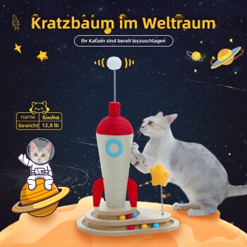 Katzenkratzbaum in Form einer Rakete mit roter Spitze, blauem Kreis und angebrachtem Sternspielzeug, 14 cm und 7 cm Kratzflächen.