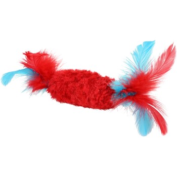 Rood en blauwe veren katten speelgoed, in de vorm van een snoepje, met een pluizige textuur en levendige kleuren voor speelse betrokkenheid.