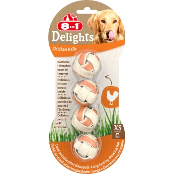 8in1 Delights Hähnchenbällchenverpackung mit drei kaubaren Leckereien für Hunde unter 5 kg, mit schmackhaftem Hähnchenbrustfleisch und langanhaltendem Spaß.