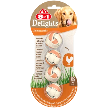 Opakowanie 8in1 Delights Chicken Balls z trzema przysmakami do żucia dla psów poniżej 5 kg, z pysznym kurczakiem i długotrwałą zabawą.