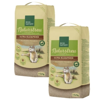 Naturstreu 2x5,4 kg Zwei Säcke Real Nature Naturstreu Ultra Klumpend Katzenstreu, jeweils 5,4 kg, mit einer Katzenillustration und natürlichen Zutaten.