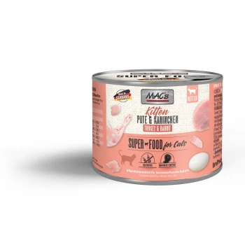 Karma w puszce dla kotów "MAC's Kitten Turkey & Rabbit" z obrazami indyka i królika, oznaczona jako bez zbożowa i o wysokiej zawartości mięsa.