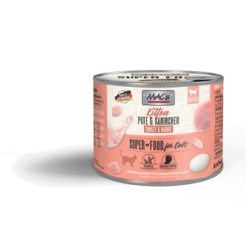 Dosenfutter für Katzen "MAC's Kitten Turkey & Rabbit" mit Bildern von Truthahn und Kaninchen, gekennzeichnet als getreidefrei und mit hohem Fleischanteil.
