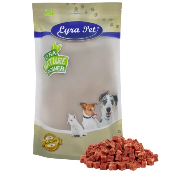 Entenfleischwürfel mit Fisch 1 kg Lyra Pet Hundeleckerlipaket mit einem Logo, das Bilder eines Hundes, einer Katze und eines kleinen Hundes zeigt, neben einem Haufen Leckerliwürfel.