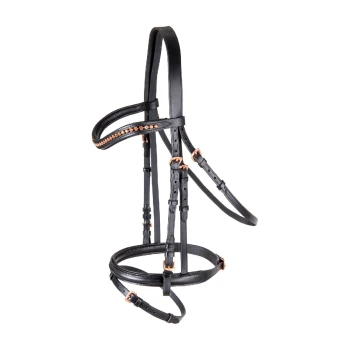 Schwarzes Leder-Ha harness mit dekorativen roségoldenen Nieten, mit verstellbaren Riemen und Schnallen für einen sicheren Sitz.