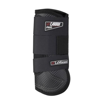 Schwarze Pferdeboot mit den Logos 'Carbon Air' und 'LeMieux', mit einem schlanken Design und verstellbaren Riemen zur Unterstützung.