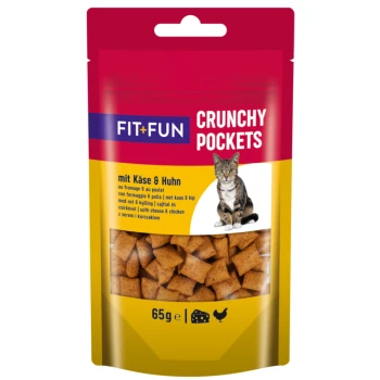 Cat treat package labeled "FIT+FUN CRUNCHY POCKETS" with cheese and chicken flavor, featuring a tabby cat and a clear view of the treats inside.