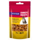 Cat treat package labeled "FIT+FUN CRUNCHY POCKETS" with cheese and chicken flavor, featuring a tabby cat and a clear view of the treats inside.