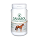 Behälter mit SANABOL Premium Ergänzung für Pferde, mit einer Pferdeillustration und Vorteilen für die Blutzirkulation und den Stoffwechsel.