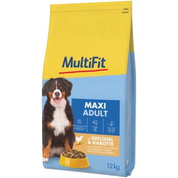 Dog food bag labeled "MultiFit Maxi Adult" featuring a Bernese Mountain Dog, with details about ingredients: poultry and carrot, 12 kg.