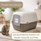 Getigerte Katze neben beige-brauner, abgedeckter Katzentoilette; Klappe beschriftet mit 'Toilette'/'GarPet'; Banner: 'Modernes Design.'