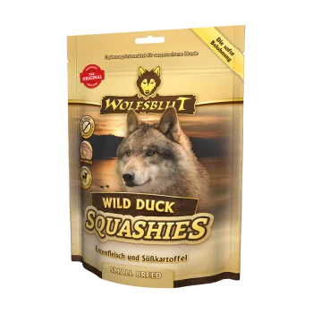 Emballage de friandises pour chiens Wolfsblut Wild Duck Squashies avec le visage d'un loup, étiqueté "Wild Duck" et "Small Breed," avec une icône de collation douce.