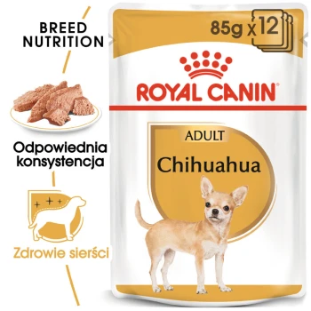 Opakowanie karmy dla psów Royal Canin Adult Chihuahua, z ilustracją chihuahua, z tekstem podkreślającym odżywianie rasy i zdrowie serca.