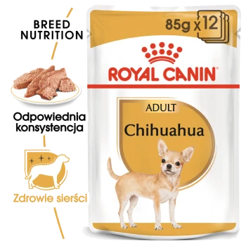 Opakowanie karmy dla psów Royal Canin Adult Chihuahua, z ilustracją chihuahua, z tekstem podkreślającym odżywianie rasy i zdrowie serca.