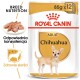 Opakowanie karmy dla psów Royal Canin Adult Chihuahua, z ilustracją chihuahua, z tekstem podkreślającym odżywianie rasy i zdrowie serca.