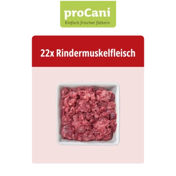 Verpacktes rohes Rindfleischmuskel für Hunde, mit der Aufschrift "proCani" und Text in Deutsch, der 100% natürliche Zutaten anzeigt, Menge 22x.