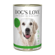 Eine Dose DOG'S LOVE Hundefutter mit einem lächelnden Golden Retriever auf dem Etikett, das "55% WILD" und "MIT KARTOFFEL, ZWETSCHKE & SELLERIE" angibt.