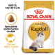 Torba z karmą dla kotów Ragdoll Royal Canin z puszystym kotem Ragdoll, z tekstem podkreślającym odżywianie rasy i korzyści dla skóry i sierści.