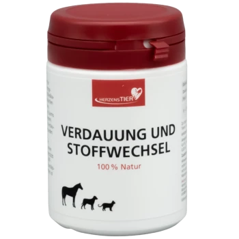 Weißer Behälter für Tierergänzungsmittel mit rotem Deckel, beschriftet mit „Verdauung und Stoffwechsel 100% Natur“ von HerzensTier, mit Tier-Silhouetten.