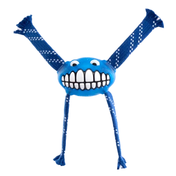Jouet pour chien bleu avec un visage souriant et de grandes dents blanches, avec quatre membres en corde bleue à motifs blancs.