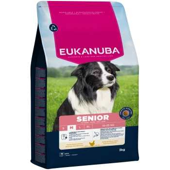 Sac de nourriture pour chien Eukanuba Senior pour chiens de 10-25 kg, riche en poulet frais, soutient la gestion du poids et une digestion saine, 3 kg.