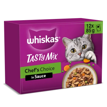Whiskas Tasty Mix Katzenfutterbox mit grauer Katze, Schüssel mit Futter, Beschriftungen 'Chef's Choice in Sauce' und '12 x 85 g'.