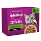 Boîte Whiskas Tasty Mix avec chat gris, gamelle de nourriture, mentions 'Chef's Choice in Sauce' et '12x 85g'.