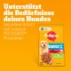 Pedigree Adult Hundefutterbeutel mit einem Golden Retriever und einer Schüssel mit Trockenfutter, mit Text, der die Bedürfnisse von Hunden und Produktdetails unterstützt.